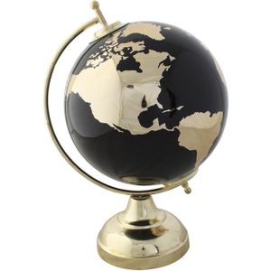 Items Deco Wereldbol/globe op voet - kunststof - zwart/goud - home decoratie artikel - D20 x H30 cm
