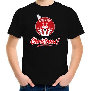 Zwart Kerst shirt / Kerstkleding Merry Christmas voor kinderen met rendier kerstbal