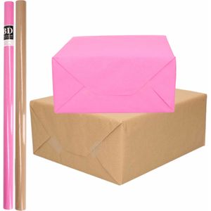 4x Rollen kraft inpakpapier/kaftpapier pakket bruin/roze 200 x 70 cm