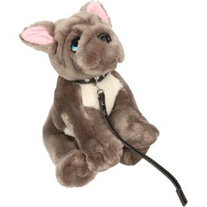 Keel Toys Pluche Franse Bulldog Aan Riem Grijs/Wit Honden Knuffel 30 cm - Honden Knuffeldieren