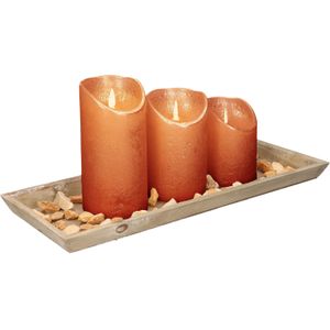 Dienblad van hout met 3 LED kaarsen in koper kleur 39 x 15 cm