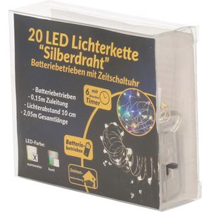 Kerstverlichting zilverdraad met multi gekleurde lichtjes 2 meter op batterijen met timer