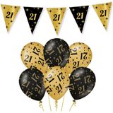Leeftijd verjaardag feestartikelen pakket vlaggetjes/ballonnen 21 jaar zwart/goud