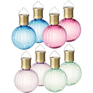 Set van 8x stuks buiten led lichtroze, groene, blauwe en roze lampion solar verlichting 11 cm