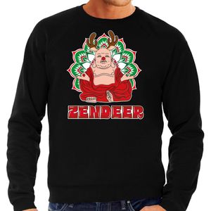 Bellatio Decorations foute Kersttrui/sweater voor heren - zendeer buddha - zwart - rendier - boeddha