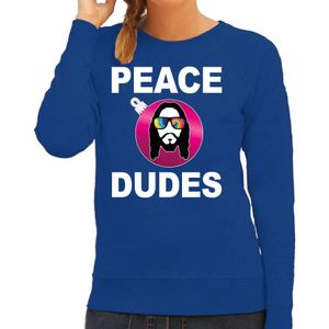 Blauwe Kersttrui / Kerstkleding peace dudes voor dames met social media kerstbal