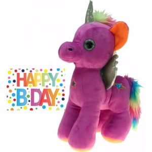 Cadeau Setje - Pluche Knuffel Dier Eenhoorn Paars 35 cm met Happy Birthday A5 Wenskaart