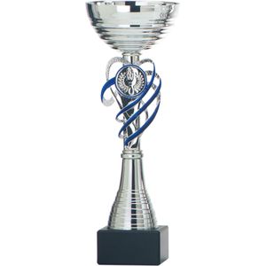 Luxe trofee/prijs beker - zilver/blauw decoratie - kunststof - 22 x 8 cm - sportprijs
