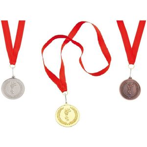 3x stuks sportprijzen medailles goud/zilver/brons aan rood halslint - sportdag