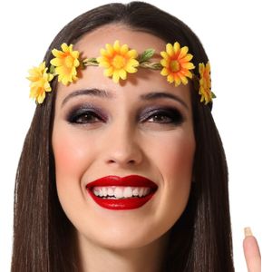 Atosa Verkleed haarband met bloemen - 6x - geel - meisjes/dames - Hippie/Flower Power