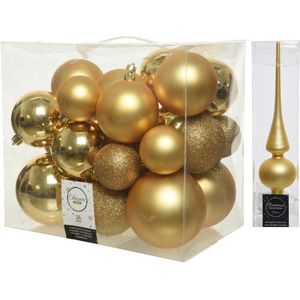Kerstversiering kunststof kerstballen met piek goud 6-8-10 cm pakket van 27x stuks