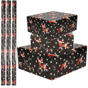 4x Rollen inpakpapier/cadeaupapier Kerst print zwart / rendier fun 250 x 70 cm luxe kwaliteit