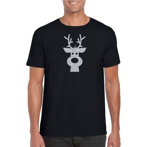 Rendier hoofd Kerst t-shirt zwart voor heren met zilveren glitter bedrukking