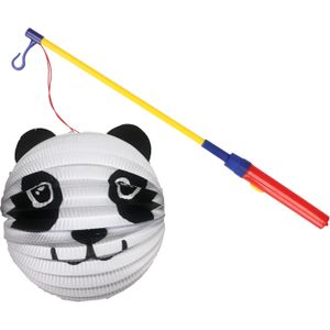 Bol lampion panda - wit - H20 cm - papier - met lampionstokje - 43 cm