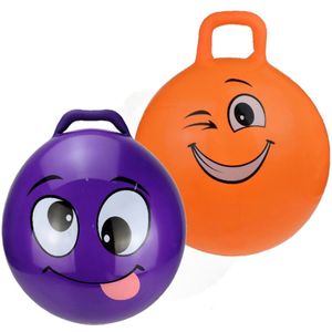 2x stuks skippyballen smiley voor kinderen paars/oranje 45 cm
