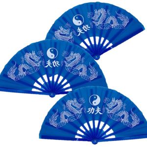 4x stuks handwaaiers/Tai Chi waaiers Yin Yang blauw polyester