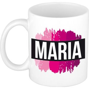 Maria  naam / voornaam kado beker / mok roze verfstrepen - Gepersonaliseerde mok met naam