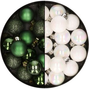 28x stuks kleine kunststof kerstballen donkergroen en parelmoer wit 3 cm