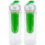 2x Drinkfles/waterfles tranparant met groen fruit filter 700 ml