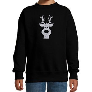 Rendier hoofd Kerstsweater / Kersttrui zwart voor kinderen met zilveren glitter bedrukking