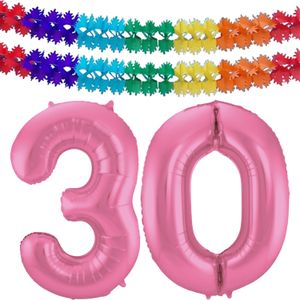 Leeftijd feestartikelen/versiering grote folie ballonnen 30 jaar glimmend roze 86 cm + slingers