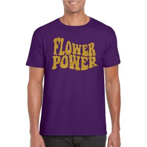 Toppers Paars Flower Power t-shirt met gouden letters heren - Sixties/jaren 60 kleding XL