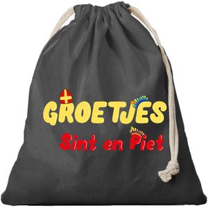 1x Sinterklaas cadeauzak zwart Groetjes van Sint en Piet met koord voor als cadeauverpakking