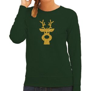 Rendier hoofd Kerst sweater / trui groen voor dames met gouden glitter bedrukking