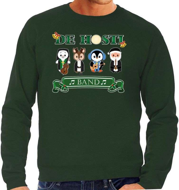 Bellatio Decorations Foute Kersttrui/sweater heren - de hosti band - groen - kerstmuziek - band