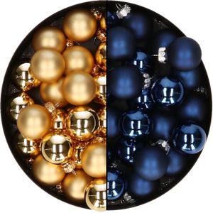 Mini kerstballen - 48x st - donkerblauw en goud - 2,5 cm - glas