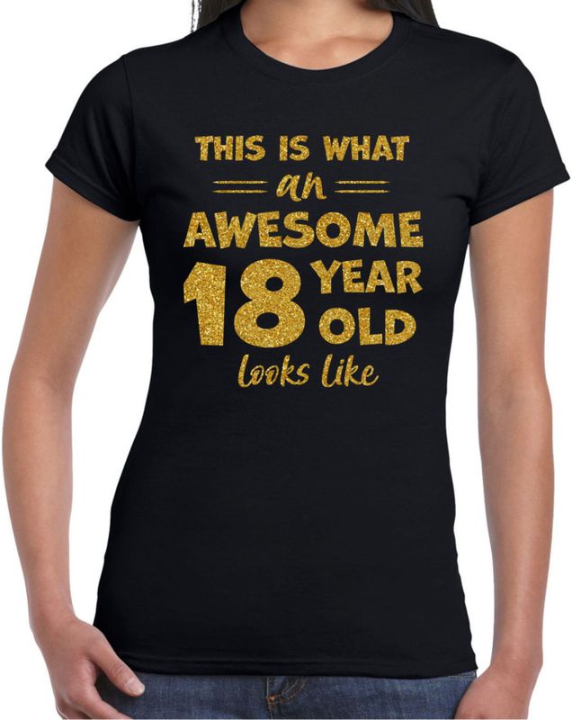 Bellatio Decorations - Verkleed T-shirt - Zwart - Glitter Goud - Dames - Leeftijd 18 Jaar