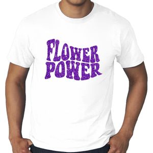 Wit t-shirt in grote maat heren met tekst Flower Power in paarse glitter letters