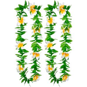 Boland Hawaii krans/slinger - 2x - Tropische kleuren mix groen/wit - Bloemen hals slingers
