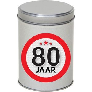 Zilver bewaarblik/opbergblik 13 cm met 80 jaar sticker