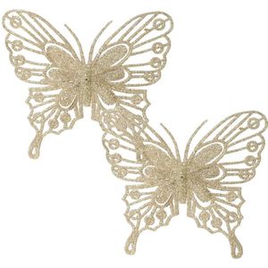Decoris kerst vlinders op clip - 2x stuks -champagne - 13 cm - glitter