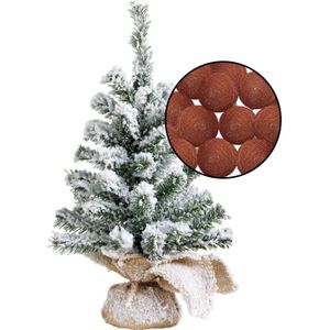 Mini kerstboom besneeuwd met verlichting - in jute zak - H45 cm - terracotta