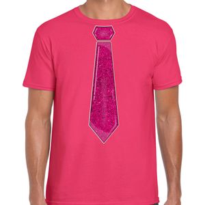 Bellatio Decorations Verkleed shirt heren - stropdas glitter roze - roze - carnaval - foute party