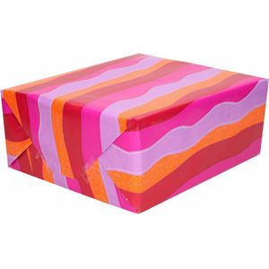 2x Rollen verjaardag kadopapier golven in roze/paars/oranje/rood 200 x 70 cm / cadeaupapier