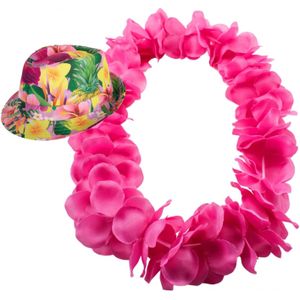 Hawaii thema party verkleedset - Hoedje Tropical print - bloemenkrans neon roze- Tropical toppers