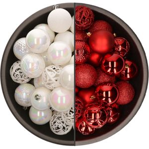 74x stuks kunststof kerstballen mix van parelmoer wit en rood 6 cm