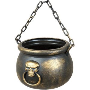 Heksenketel/kookpot kunststof goud met schedel 19 cm