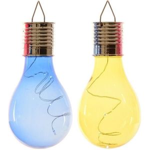 2x Buitenlampen/tuinlampen lampbolletjes/peertjes 14 cm blauw/geel