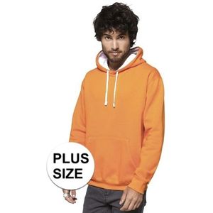 Plus size oranje/witte heren truien/sweaters met hoodie/capuchon