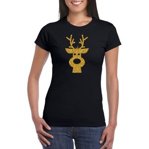 Rendier hoofd Kerst t-shirt zwart voor dames met gouden glitter bedrukking