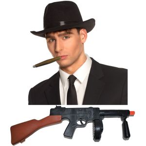 Gangster/maffia/roaring Twenties verkleed set - gleufhoed zwart - met dikke sigaar en machinegeweer