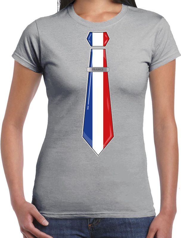 Bellatio Decorations Verkleed shirt voor dames - stropdas Frankrijk - grijs - supporter - themafeest