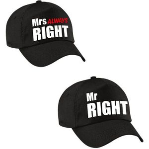 Zwarte kadopetten / caps Mr Right en Mrs Always right met witte / roze tekst voor koppels / bruidspaar / echtpaar volwassenen