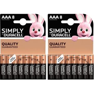 Set van 16x Duracell AAA Simply alkaline batterijen LR03 MN2400 1.5 V