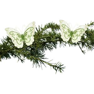 2x stuks kerstboom decoratie vlinders op clip glitter groen 34 cm