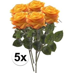 5 x Geel/oranje roos Simone steelbloem 45 cm - Kunstbloemen